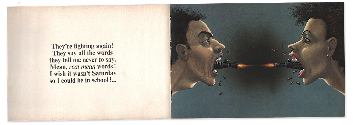 Pages from a book with text on one side and guns shooting from the mouths of two adults on the other.